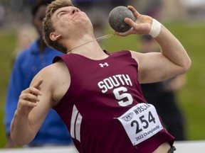 Marcus Robinson of London's South Collegiate won the senior boys shot put with a throw of 13.61m during Day 2 of WOSSAA track and field championships at Western University's Alumni Stadium on Friday May 20, 2022. 
(Mike Hensen/The London Free Press)