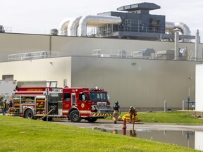 London firefighters are shown at the scene hours after an early morning fire at the Cargill chicken-processing plant in London. Photograph taken on Monday May 23, 2022. 
Mike Hensen/The London Free Press