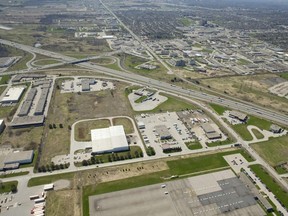An aerial view of industrial land southeast of the Wellington Road and Highway 401 interchange looking northwest in London. (Free Press file photo)