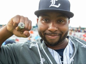 London Majors slugger Cleveland Brownlee shows off the championship ring he and his teammates were given after winning the city's first Intercounty Baseball League title since 1975. The rings were handed out at the home opener on May 20, 2022 -- a game cancelled midway through due to a suspected gas leak at Labatt Park. (Derek Ruttan/The London Free Press)