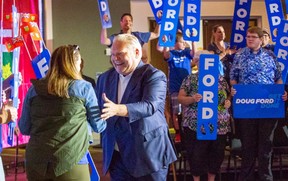 Doug Ford greets a supporter during a campaign rally at the Lamplighter Inn in London on Sunday May 29, 2022. Derek Ruttan/The London Free Press