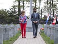 Princess Margriet of the Netherlands and Prime Minister Justin Trudeau walk after participating in a ceremony at the National Military Cemetery at Beechwood in Ottawa, on Friday, May 13, 2022. Princess Margriet is visiting Ottawa, the city where she was born during the Second World War. The princess was born at the Ottawa Civic Hospital after the Dutch royal family fled to Canada to escape Nazi occupying forces in 1940.
