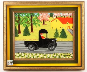 This black truck painting by the late Nova Scotia artist Maud Lewis was traded to two London restaurateurs decades ago by a regular customer in exchange for a steady supply of grilled cheese sandwiches.  It is going up for auction, possibly for more than $20,000.  (Contributed/Miller and Miller Auctions)