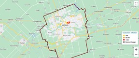 Power Failure Due To Strong Storm May Continue Till Monday: London Hydro Map Of London Hydro'S Power Outage As Of 12:30 Pm On Sunday 22 May 2022.