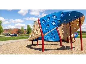 Graffiti, said to be hate-related symbols and words, brought to police attention Tuesday morning, already were cleaned off the playground equipment near Mother Teresa secondary school in London, Ont., by the afternoon Tuesday, May 17, 2022. (Mike Hensen/The London Free Press)