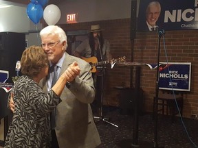 Rick Nicholls dances with his wife, Dianne, at T-Bones Grill House in Chatham after finishing third for the Ontario Party in Chatham-Kent-Leamington in the provincial election. Photo taken Thursday June 2, 2022. (Trevor Terfloth/The Daily News)