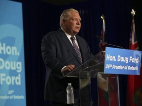 Ontario Premier Doug Ford speaks to the media at the Toronto Congress Centre the day after winning a majority in the June 2, 2022, election. (Jack Boland/Postmedia Network)