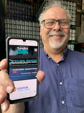 Mario Circelli, Chairman and Co-Founder of the Forest City London Music Hall of Fame, demonstrates the internet connection to FCLMA Radio, a 24-hour internet station playing music from London and local artists.  (JOE BELANGER/The London Free Press)