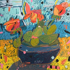 Marcy Saddy. “Geranium 1”. Acrylic, mixed media on board. 11” x 11”.