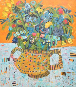 Marcy Saddy. “Funky Jug”. Acrylic, mixed media on canvas. 60” x 48”.