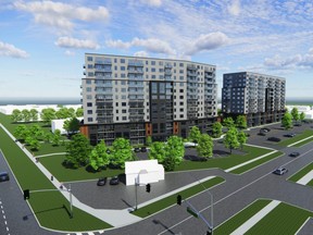 A rendering shows two 12-storey towers proposed for 568 Second St., at the corner of Oxford Street East near Fanshawe College.