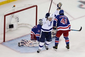 Corey Perry of the Tampa Bay Lightning celebrates after a goal by Mikhail Sergachev (not pictured) in Game 5 of the Eastern Conference Final of the 2022 Stanley Cup Playoffs against the New York Rangers on June 9, 2022 in New York City.  (Photo by Al Bello/Getty Images)