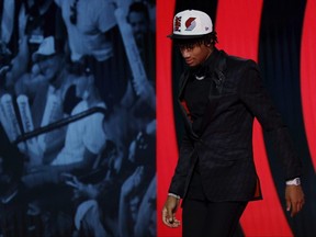 Londoner Shaedon Sharpe looks on after being drafted seventh overall by the Portland Trail Blazers during the 2022 NBA Draft at Barclays Center on June 23, 2022 in New York City. (Photo by Sarah Stier/Getty Images)