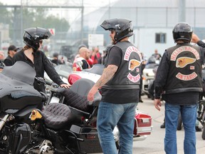 Members of the Hells Angels were present at a demonstration outside the Elgin-Middlesex Detention Center on July 17, 2021. A new report from Ontario's chiefs of police says biker clubs are more willing to drop their patches, keep a lower profile, operate businesses to launder money and expand their influence.  (Free Press file photo)