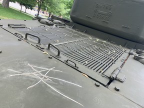 A vandal defaced the Holy Roller tank in Victoria Park on Sunday June 12, 2022. Dale Carruthers/The London Free Press