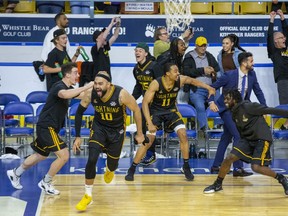 The London Lightning bench erupts at the end of their 97-96 win over the KW Titans to take the National Basketball League of Canada championship at the Kitchener Memorial Auditorium on Wednesday, June 1, 2022. (Derek Ruttan/The London Free Press)
