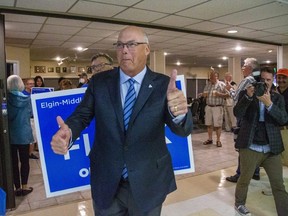 Rob Flack enters the Columbus Club in St. Thomas, where supporters gathered to celebrate his win for the Progressive Conservatives in the riding of Elgin-Middlesex-London on Thursday, June 2, 2022. (Derek Ruttan/The London Free Press)