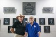 The London Sports Hall of Fame class of 2022 was announced at Budweiser Gardens in London on Monday. The class is comprised of David-Lee Tracey, left, the Western University cheerleading coach since 1981, Jim Agathos, right, longtime financial supporter and organizer of minor sports, Jessica Zelinka, record-setting heptathlon athlete, and Steve Rucchin, a former NHL hockey player.  (Derek Ruttan/The London Free Press)