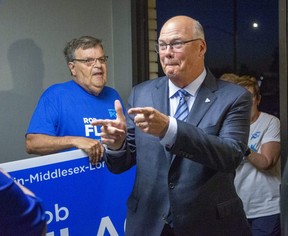 Rob Flack enters the Columbus Club in St. Thomas, where supporters gathered to celebrate his election to MPP in the riding of Elgin-Middlesex-London on Thursday June 2, 2022. (Derek Ruttan/The London Free Press)