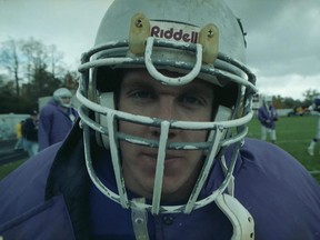 An extreme close-up with standout Western Mustangs running back Tim Tindale on Oct. 19, 1991. (LFP Collection, Western University Archives)