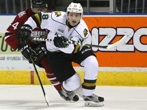 Victor Mete of the London Knights heads up the ice in a game against the Guelph Storm at Budweiser Gardens in London on Dec. 16, 2016.  Mike Hensen/The London Free Press