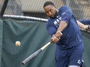 London Majors designated hitter Cleveland Brownlee takes a swing during batting practice Wednesday, June 8, 2022, at Labatt Park in London. Brownlee leads the Intercounty Baseball League in hitting with a .481 average. (Mike Hensen/The London Free Press)