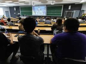 Western University students listen to Ukrainian President Volodymyr Zelenskyy during a speech that was broadcast to universities across Canada on Wednesday June 22, 2022. 
Mike Hensen/The London Free Press