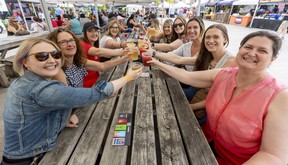 The school mates wanted to reunite with their mothers and sisters, and that was the result of the London Beer Fest at Covent Garden Market on Sunday. Bottom left: Rachelle Gatschene, her mother Shelly Gatschene and her sister Bridget Gatschene. Then the Foxes: Emily, her mom Lori and her sister Brittany. Next up is Brie Wilcox, her sister Courtney Wilcox and their mother Sarah Harris. Mike Hensen/The London Free Press