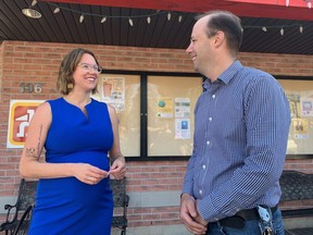 Ward 11 candidate Skylar Franke chats with incumbent city councillor Stephen Turner, who announced Thursday he won’t seek re-election and endorsed Franke’s campaign. Photo taken on Thursday June 23, 2022. (Megan Stacey/The London Free Press)