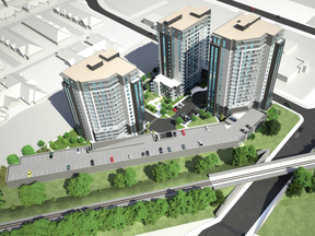 Westdell Development Corp. has proposed a trio of residential towers, a total of 490 units, for 689 Oxford St. W. An artist rendering shows a bird’s eye view.