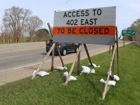 A temporary sign on Indian Road in Sarnia has gone up for a Highway 402 improvement project.