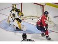 Windsor Spitfires overage forward Daniel D'Amico scores the first of his two goals in Monday's Game 6 win over the Hamilton Bulldogs at the WFCU Centre.