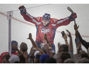 Windsor Spitfires centre Jacob Maillet celebrates after a goal by Daniel D'Amico in Game 6 of the OHL final on Monday, June 14, 2022 against the Hamilton Bulldogs. Windsor won to send the series to Game 7 on Wednesday. PHOTO BY DAX MELMER /Windsor Star