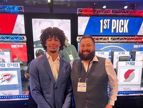 Shaedon Sharpe and Dave Sewell at the NBA Draft Lottery in Chicago.  (included)