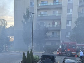 London firefighters battled a Saturday morning blaze in a parking garage on Capulet Lane in west London on Saturday July 2, 2022. Photo: London Fire Department