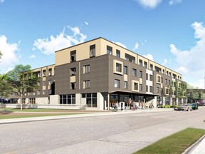 A four-storey, 42-unit affordable housing project proposed for 18 Elm St. in London is shown in a rendering.