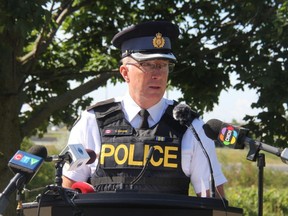 Insp. Shawn Johnson with the OPP West Region’s traffic and marine unit speaks at a news conference Thursday, July 28, 2022, at the OPP West Region headquarters about a surge in fatal crashes involving motorcycles. (JONATHAN JUHA/The London Free Press)
