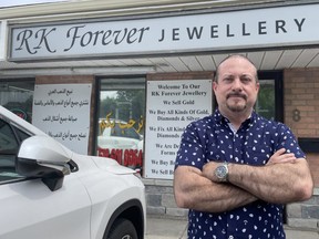 Subhi Kutob says his associate Riham Kamil is lucky to be alive after he was shot near his heart in what Kutob believes was a botched carjacking or robbery attempt at RK Forever Jewellery on Wonderland Road in London on July 28, 2022. Photo shot on Thursday, July 29, 2022. (JONATHAN JUHA/The London Free Press)