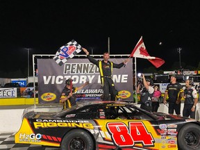 After a wild Spectra Premium 100 at Delaware Speedway, it was J.R. Fitzpatrick taking the checkered flag, and earning back-to-back-to-back victories. (Facebook photo - United Racing Series)