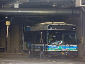 A bus is parked inside a garage at the London Transit Commission bus depot at  450 Highbury Ave. in London. Derek Ruttan/The London Free Press
