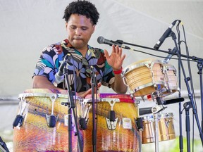 Juan Carlos Medrano performs with the Colombian band Soukustek during Sunfest in Victoria Park in London on Friday July 8, 2022. (Derek Ruttan/The London Free Press)