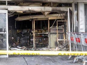 Dorchester's Foodland grocery store was damaged in a fire at its entrance early Thursday. Most of the damage was confined to the entrance, and it isn't considered suspicious. Photograph taken on Thursday July 7, 2022.  (Mike Hensen/The London Free Press)