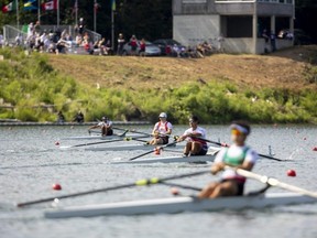 The junior men's single scull race nears the finish line with (l-r) Patricio Elizondo Astorga, left, of Mexico, Cole Carter of Kingston, Ont., Charlie Josephbek of the U.S. and Jose Ignacio Navarro Lopez of Mexico at the CanAmMex regatta on Friday, July 8, 2022 at Fanshawe Lake in London. Mike Hensen/The London Free Press
