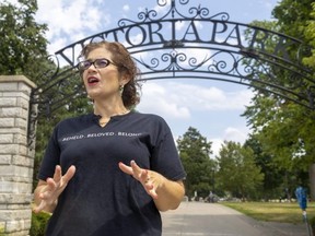 Sarah Campbell, executive director of Ark Aid Street Mission, is shown outside the main gates of Victoria Park in downtown London on Wednesday July 20, 2022. Mike Hensen/The London Free Press