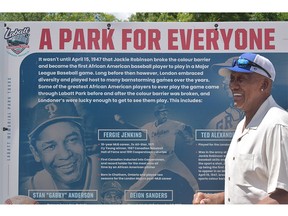 Baseball Hall of Famer and Chicago Cubs legend Fergie Jenkins, 79, stands in front of his name and picture during a tour of Labatt Park on Friday, July 29, 2022. The Chatham-born pitcher played two seasons for the London Majors after a 19-year Major League Baseball career. (Calvi Leon/The London Free Press)