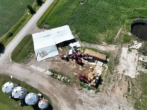 This drone photo of damage to a barn near Wyoming was provided by the Northern Tornadoes Project at Western University in London.