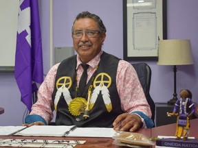 Todd Cornelius, newly elected chief of Oneida Nation of the Thames, sits at his office desk at the First Nation southwest of London (Calvi Leon/The London Free Press)