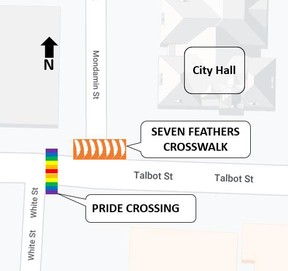 A map shows where the Seven Feathers Crosswalk will be installed in St. Thomas.