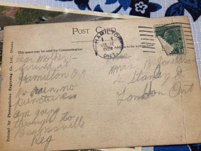 Postcard from Reg Donaldson to his mother upon arrival in Hamilton, July 12th, 1924