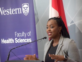 London West MP Arielle Kayabaga speaks about the federal government's commitment to tackling gender-based violence during a news conference at Western University on Thursday Aug 25, 2022. (Calvi Leon/The London Free Press)